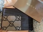 204541 Gucci New Throw Wool Blanket Rare Brown Logo Print Made