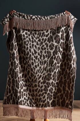 69669877 Anthropologie House Of Hackney Cheetah Wool Blend Throw Blanket Fringe 50x60