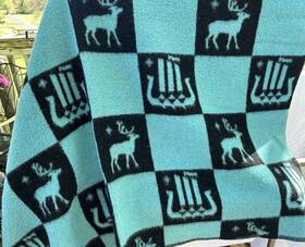 M6774 Arne Pledd Vintage Wool Blanket From Norway Aqua Black Nordic Deer Ship 72x57 Inch