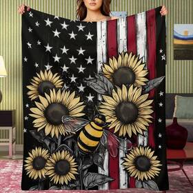 Begarm 847177999834 Sunflower Bumble Bee American Flag Blanket Gifts For Girls Boys Soft Throw Bl