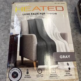 1103148 Berkshire Heated Faux Fur Throw Blanket Gray 50x60in 4 Heat Settings