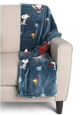 Berkshire 791551701620 Peanuts Christmas Snoopy And Woodstock Blue Velvet Plush Throw Blanket 50 X 70