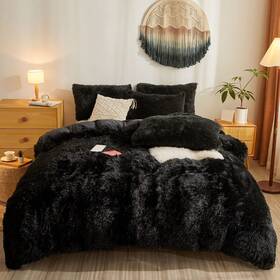 Besfunny 732214847217 Shaggy Duvet Cover 5 Set Fluffy Faux Fur Black Comforter Full/queen