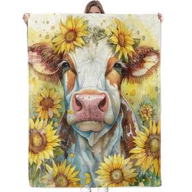 La12bl4071356cow05fba Bidesk Sunny Cow And Sunflowers Blanket - Ultra Soft Cozy Flannel Farmhouse Throw