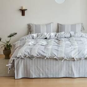 Biselina 713830510570 Striped Duvet Cover Set 3pcs 100% Washed Cotton Linen Like Textured