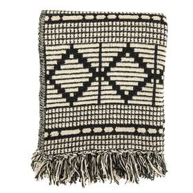 Bloomingville 191009354598 Black And Beige Woven Cotton Blend Blanket With Fringe Throw One Size Fits