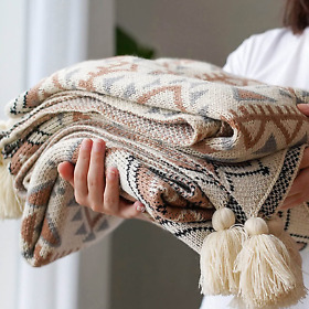 Boho Throw Blanket Knitted Tassel Brown Blankets Soft Lightweight