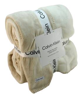 Calvin Klein 883893944299 Queen Size Reversible Tan / Ivory Ck Logo Plush Blanket Msrp 123