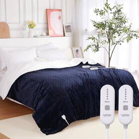 Lyvc3po-eb2blueq Caromio Heated Electric Blanket Throw Queen Size With Dual Control Flannel Sherpa He