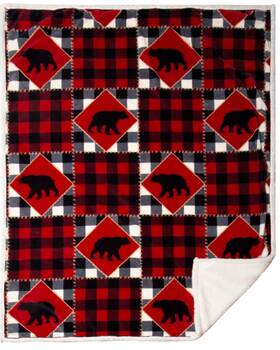 Jp818 Carstens Home Lumberjack Bear Plaid Print Sherpa Throw Blanket Brown