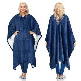 Catalonia 011517445316 Sherpa Wearable Blanket Poncho Navy With Pocket Soft Cozy Wrap For Adults Gift