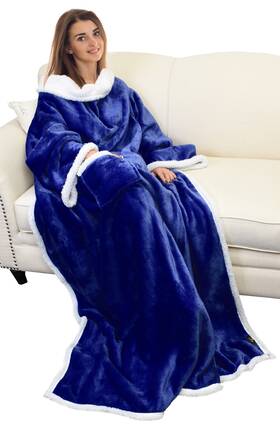 1ctsn Catalonia Warm Sherpa Fleece With Sleeves Front Pocket Robe Wearable Tv Blanket