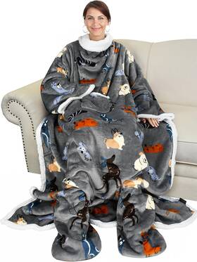1ctsn310gydog Catalonia Throw Blanket Robe Sherpa Wearable With Sleeves And Foot Pockets For