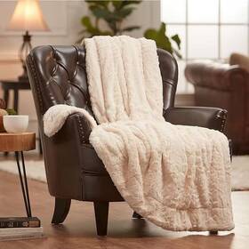 Chanasya 313029532569 Wolf Ivory Faux Fur Polyester Throw Blanket With Reversible Sherpa Shearling - 5
