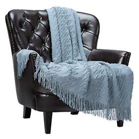 Chanasya Blue Throw Blanket With Tassels Acrylic Knitted Super Soft Fluffy