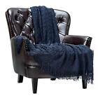 Chanasya Navy Throw Blanket With Tassels Acrylic Knitted Super Soft Fluffy