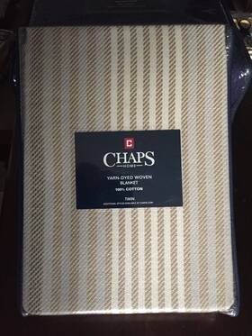 Chaps 400989825395 New In Pkg Home Yarn-dyed Woven Cotton Blanket Tan Gray Striped Twin