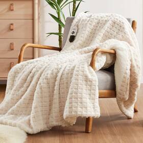 Codi 022164441734 Faux Fur Heated Throw Blanket For Women Ivory Luxury Soft Washable Heating B