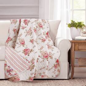 Bb01090416 Decorative Throw Blanket Pink Floral Stripe Cotton Quilted Shabby Chic Scalloped Edges Gift
