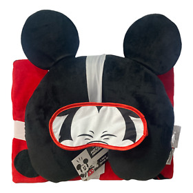 Disney Mickey Mouse Travel Set Neck Pillow Throw Blanket 40 X 50 Eye Mask