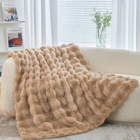 Doising 637045213623 Soft Cozy Plush Faux Rabbit Fur Tan Throw Blanket Decorative Boho Fluffy Bla