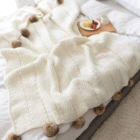 Doneus0901-picture Doneus Pom Throw Blanket Off-white Microfiber Soft Warm Handmade Knit Th