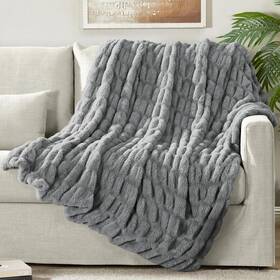 Dn-07 Dreamnine Solid Grey Fuzzy Ruched Faux Rabbit Fur Blanket 50 Inch X 60 Luxury Puffy Fluff