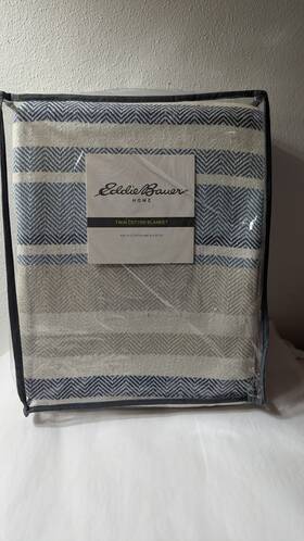Eddie Bauer 883893406162 Blanket 100 % Cotton Herringbon Stripe-blue And Tan Twin Nwt