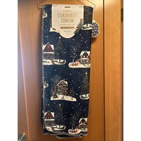3328a Envogue Reversible Corduroy Throw Blanket Navy Vintage Christmas Theme 50x70