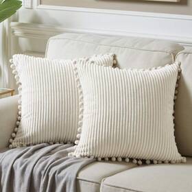 Fancy Homi 791719559810 Pack Of 2 Corduroy Soft Decorative Throw Pillow Covers With Pom-po