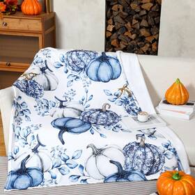 Wap0412 Fanfanwin New Pumpkins Throw Blanket Chinoiserie Blue And White Thanksgiving Soft