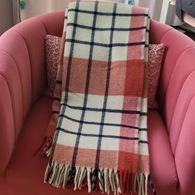 Wpl-328 Faribault Woolen Mill Company Merino Wool Plaid Fringed Throw 50x60 Coral/cream/dark Navy Usa