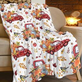 Feorafei 657709984272 Fall Red Truck Print Blanket Pumpkin Maple Leaf Autumn Throw Blankets For Cou