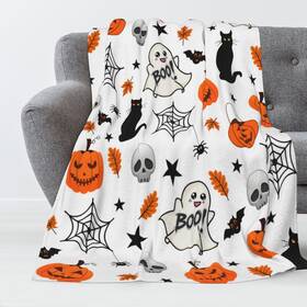 Fjtp-hmt-1 Fjtp Fuzzy Halloween Blanket Pumpkin Ghosts Bat Spider Web Cat Maple Leaf Throw For