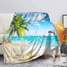 Forchrinse 214723544587 Seashell Starfish Tropical Palm Tree On Ocean Beach Throw Blanket Soft Blanke