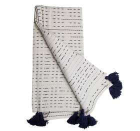 Foreside 763038094211 New White And Blue Handwoven Cotton Throw Blanket With Navy Hand Tied Tassels