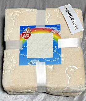 Ab685p Franco Care Bears Queen Size Plush Embossed Blanket - Beige 90 Inch X