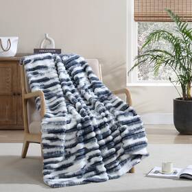 French Connection 646760210961 Blue Abstract Printed Ribbed Faux Fur Throw Blanket - 50 Inch X60 Soft And Eleg