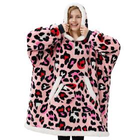 Giggling Getup 840494324813 Cozy Sherpa Fleece Blanket Hoodie For Adults Teens - Pink Leopard