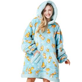 J0105 Giggling Getup Cozy Blue Corgi Sherpa Blanket Hoodie For Adults Teens With Sleeves