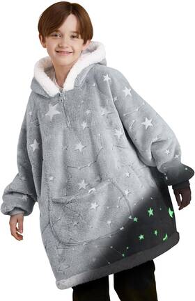 J0118 Giggling Getup Glow In The Dark Wearable Blanket Hoodie Kid Grey Star