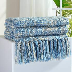Drql6080 Ginamuse Multi-color Light Blue Cable Woven Throw Blanket For Couch 60 Inch X80 Boho Style