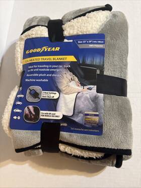 Goodyear 941987121439 12volt Gray Reversible Plush And Sherpa Heated Travel Blanket 55 Inch X39