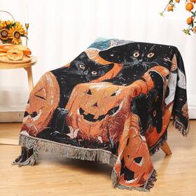 Hahafelt-throws-98 Hahafelt Halloween Throw Blanket Woven Tapestry Black Cat Pumpkin Witch Hat Th