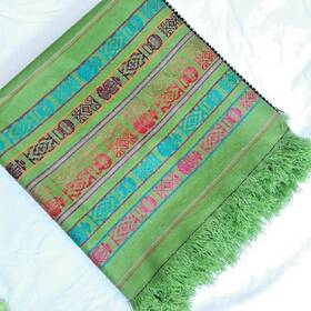 Handmade 197543912003 Hand Woven Throw Textile Tablecloth 60x64 Bright Green Patterned Stripe Fringe