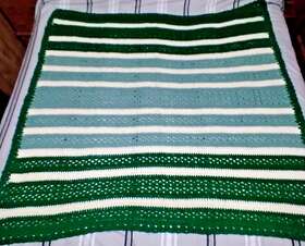 2236 Handmade Crochet Square Lap Afghan 49 Inch X52 Green Shades Baby Wrap Blanket