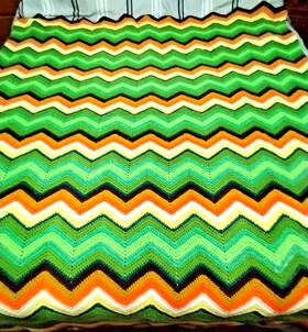 7745 Handmade Crochet Dona Warner Chevron Afghan 55 Inch X68 Green Yellow Brown White Tan