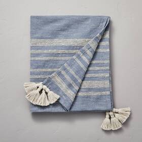 87527062 Hearth & Hand With Magnolia Heathered Stripe Tasseled Woven Throw Blanket Blue - And