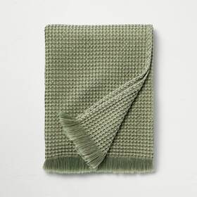 88503496 Hearth & Hand With Magnolia And 60x50 Inch Waffle-knit Linen Fringe Throw Blanket Green
