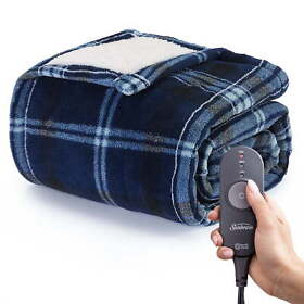 Heated Electric Throw Blanket Microplush Cozy Sherpa With Blue Plaid Pattern New